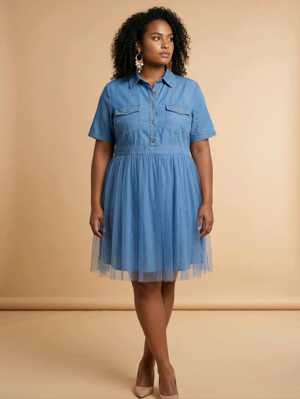 XPLUSWEAR Plus Size XL Blue Tulle Shirt Dress